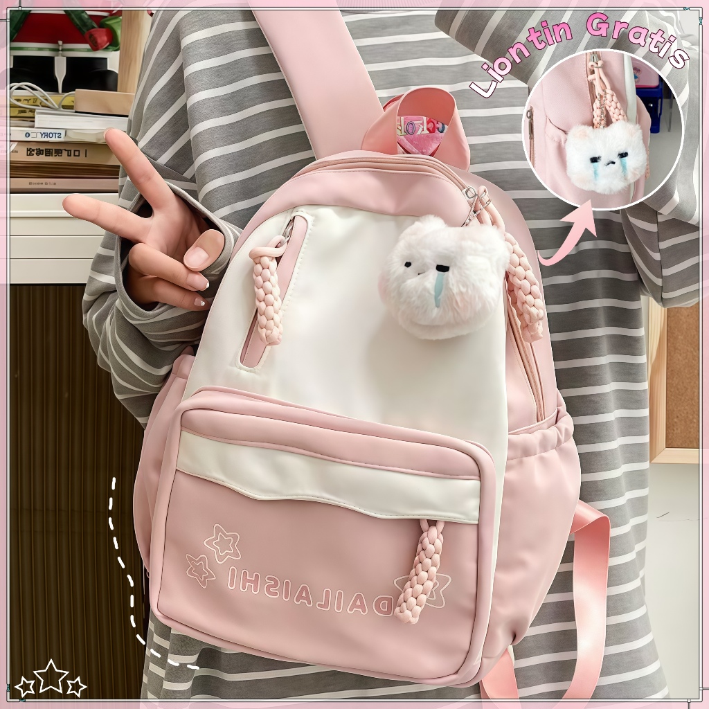 [COD/Liontin Gratis]Tas Sekolah Pink Lucu/Tas Sekolah Anak Perempuan Smp/Ransel Warna Kontras Mode/R