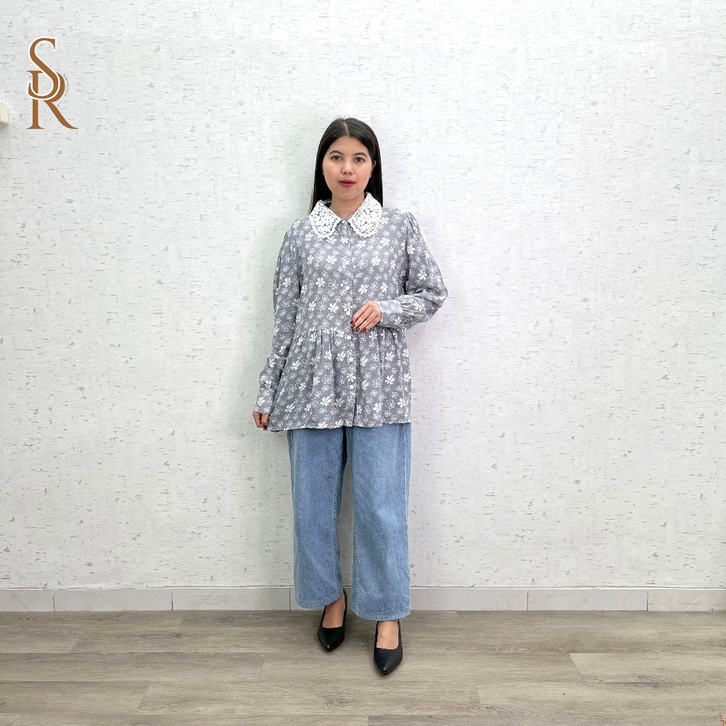 Seriwoman Kemeja Wanita Motif Bunga Korea Rayon Twill