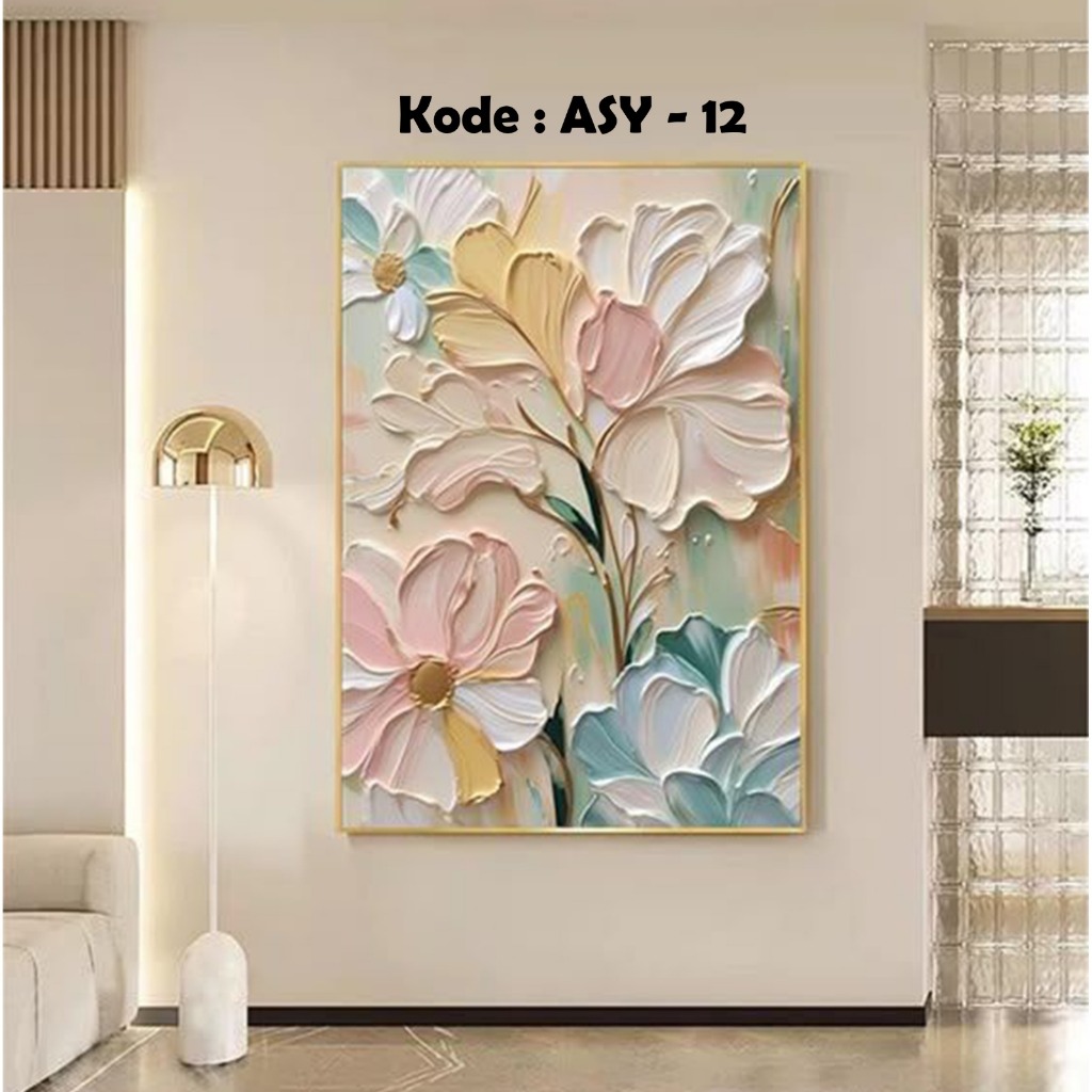 Lukisan Kanvas Bunga Patel Timbul | Lukisan 3D Elegan | Dekorasi Dinding Minimalis | Lukisan Tangan 