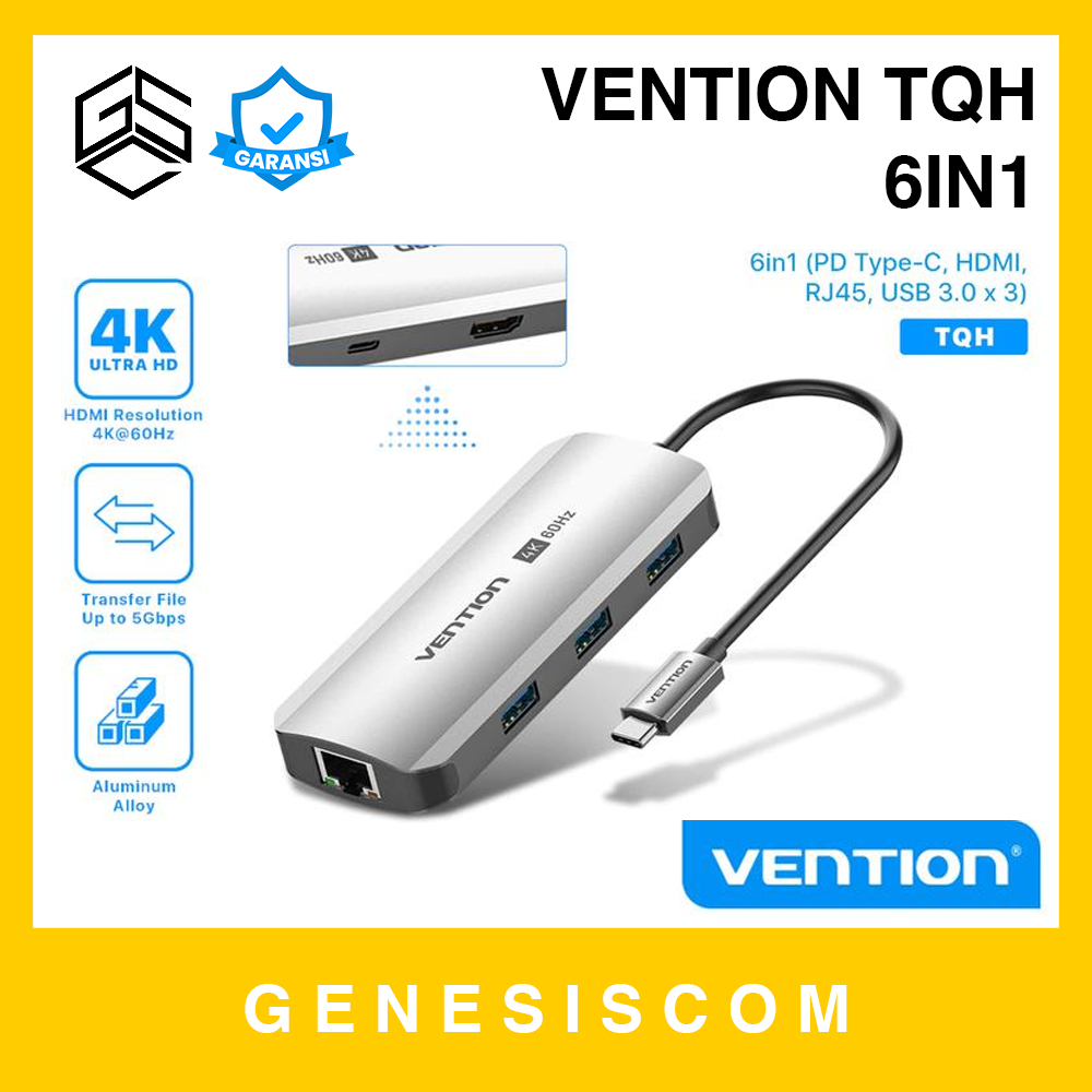 USB Hub VENTION TQH 6in1 - Type C to HDMI VGA RJ45 3x USB 3.0 PD 100W 4K 60Hz - LAN Tipe C Multiport