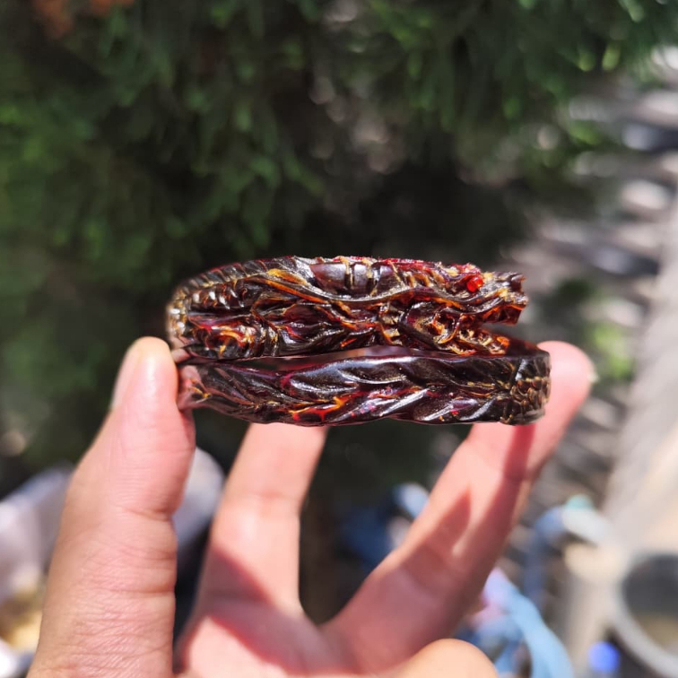 Gelang Akar Bahan Merah Tembus Cahaya Ukir Naga Full Sisik Asli Berkualitas/Gelang Akar Bahar/Akar B