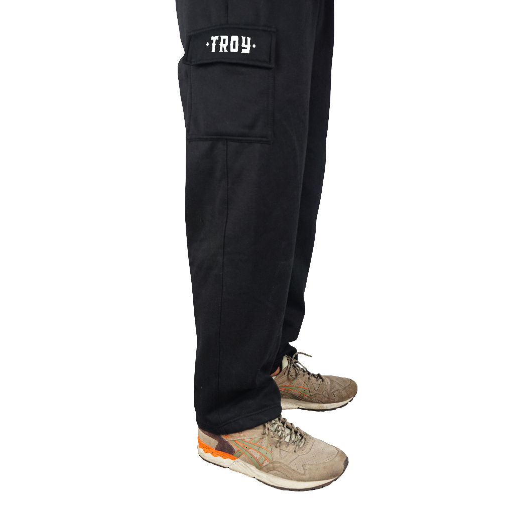 Troy Company Baggy Cargo Long Pants Black Sphere - Celana Panjang Hitam Fleece LFC 3355