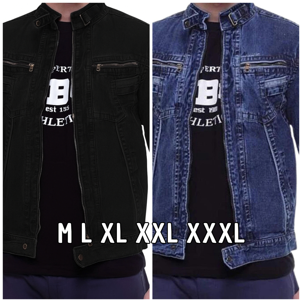 jaket Jeans Resleting Pria Zipper Biowash Jumbo M L XL XXL XXXL