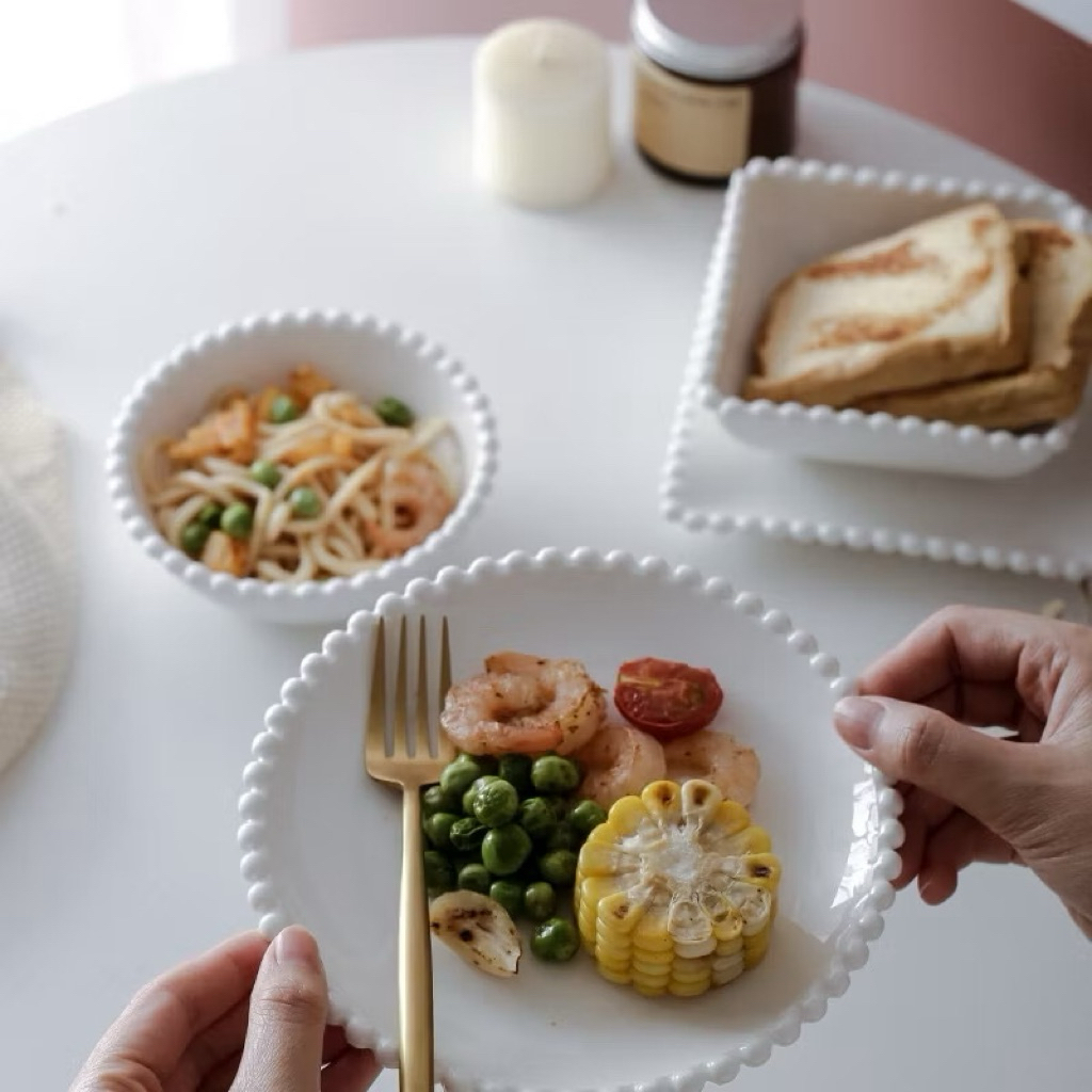 LIVINSTORE Pearl Series Piring Mangkok Keramik Korea Aesthetic Estetik Beige Putih Props Properti Fo