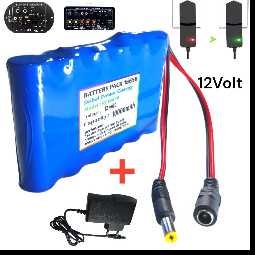 PAKET Baterai cas speaker bluetooth + charger BLUE type 6X 18650 11.1Volt ~ 12 Volt 10000mAh soket 5