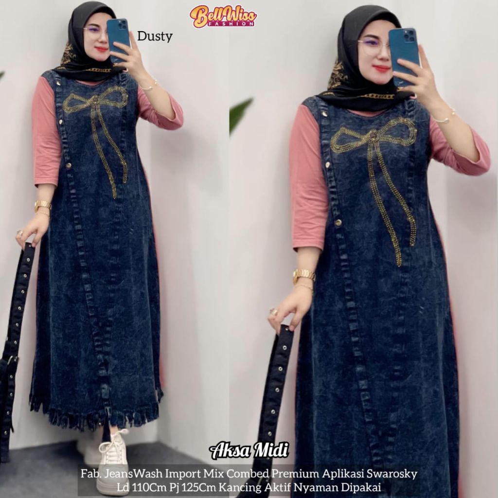 Aksa dress jeans wash import / gamis denim ORI by marsella