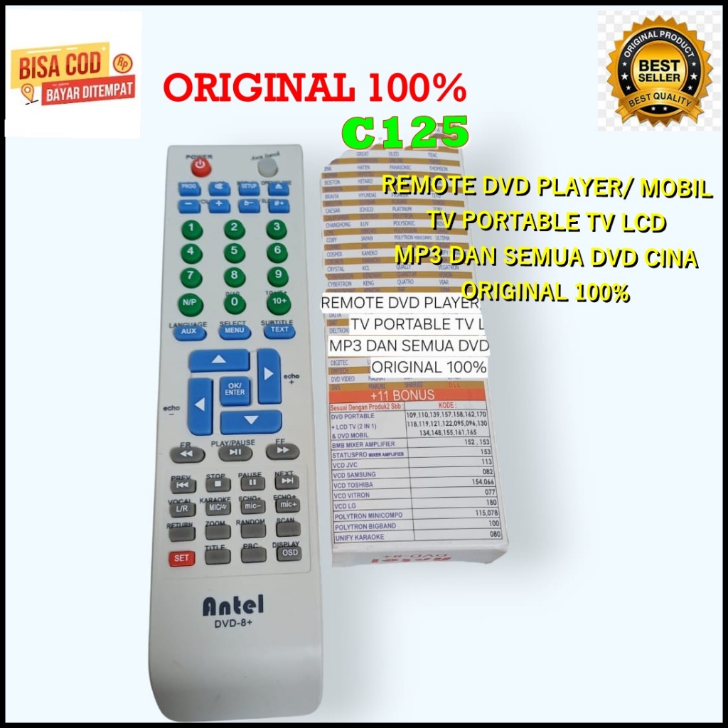 C125 ORI REMOTE DVD ANTEL BERBAGAI MEREK PLAYER DVD MOBILTV PORTABLE TV LCD MP3 CINA  REMOT MULTI UN