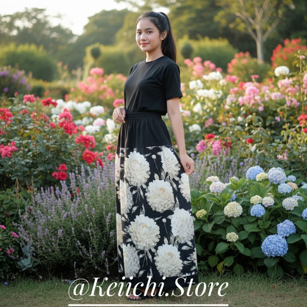 Rok Panjang Wanita Motif Bunga Elegan - Hitam Cream | Size 27-28