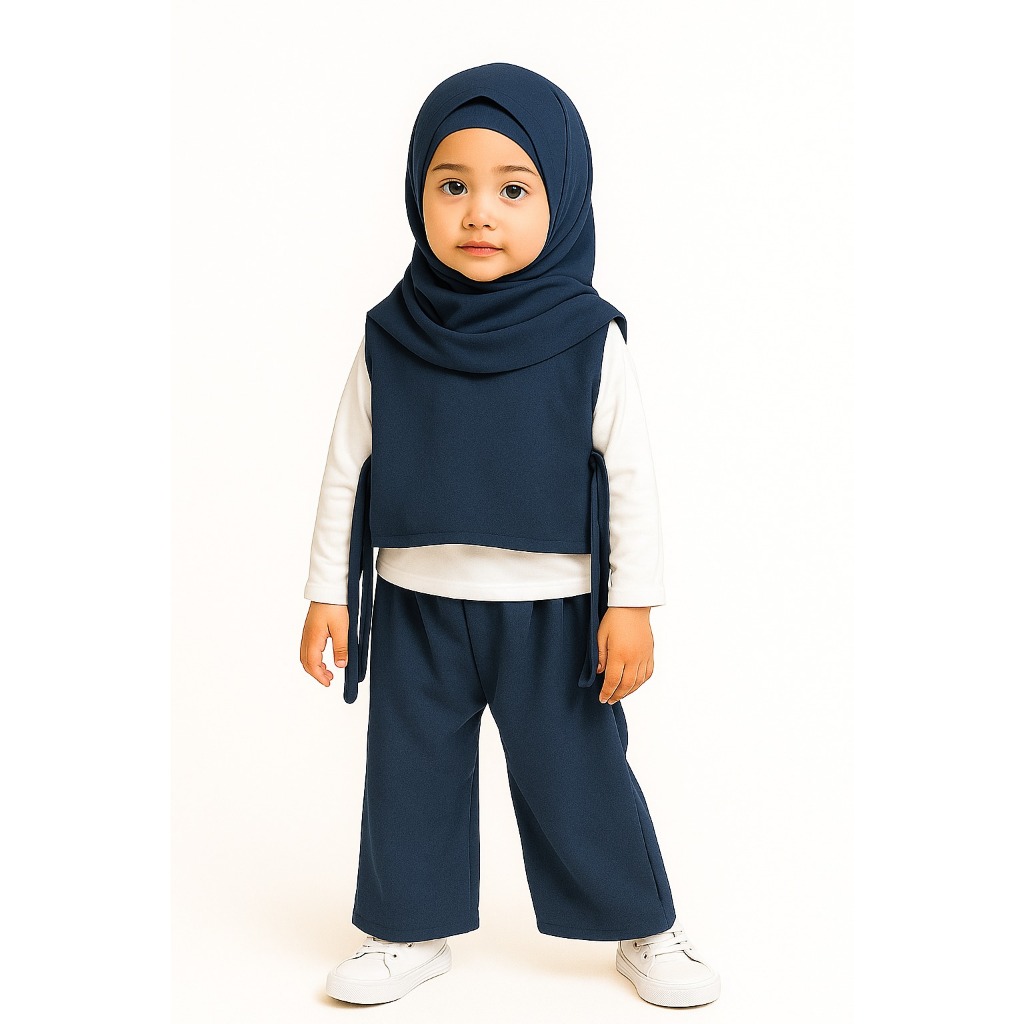 STELAN CHIKA ( BAJU + ROMPI + CELANA ) ANAK PEREMPUAN WARNA NAVI USIA 3 TAHUN - 12 TAHUN