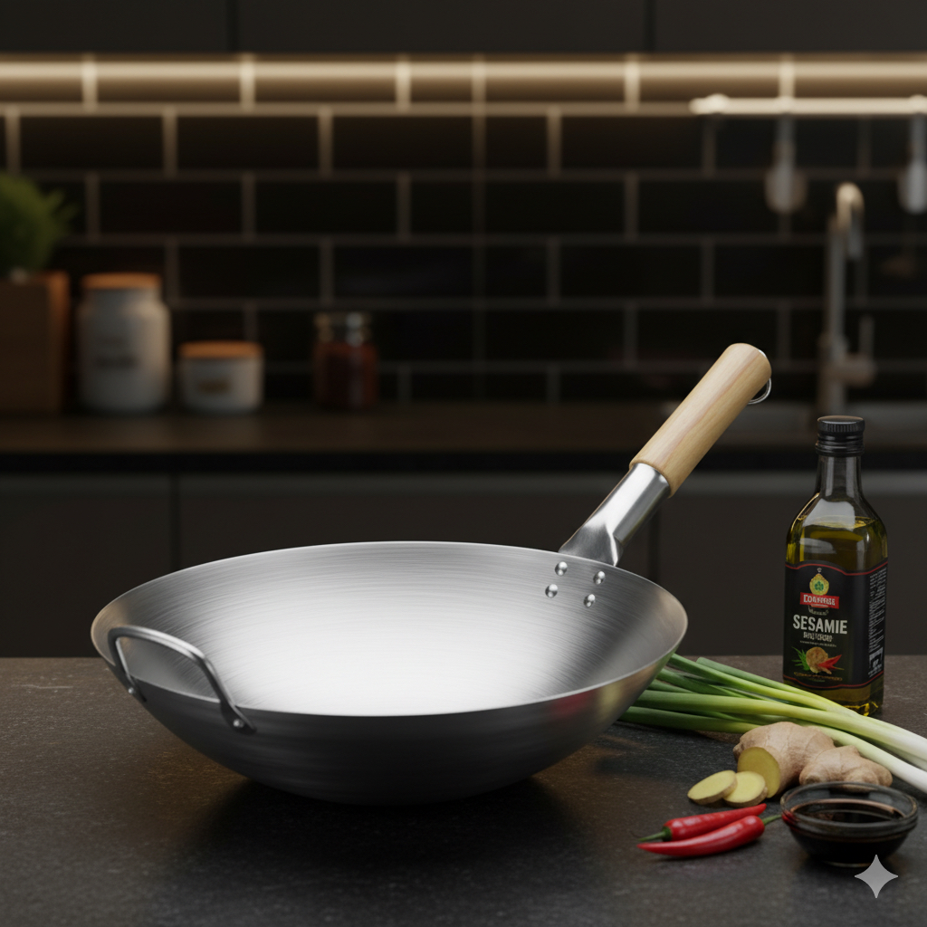 Kuali Wok Stainless Tebal Wajan Penggorengan Gagang Kayu 40 cm