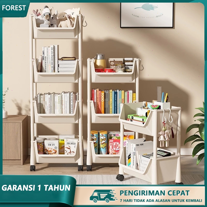 Rak Susun Penyimpanan Terbuka Serbaguna Rak Trolley Susun Dengan Roda Rak Buku