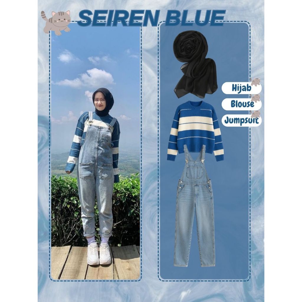 Setelan Kekinian Remaja 3 In 1 Outfit Casual Simple Jumpsuit Denim + Blouse Rajut Denim Biru Kombina