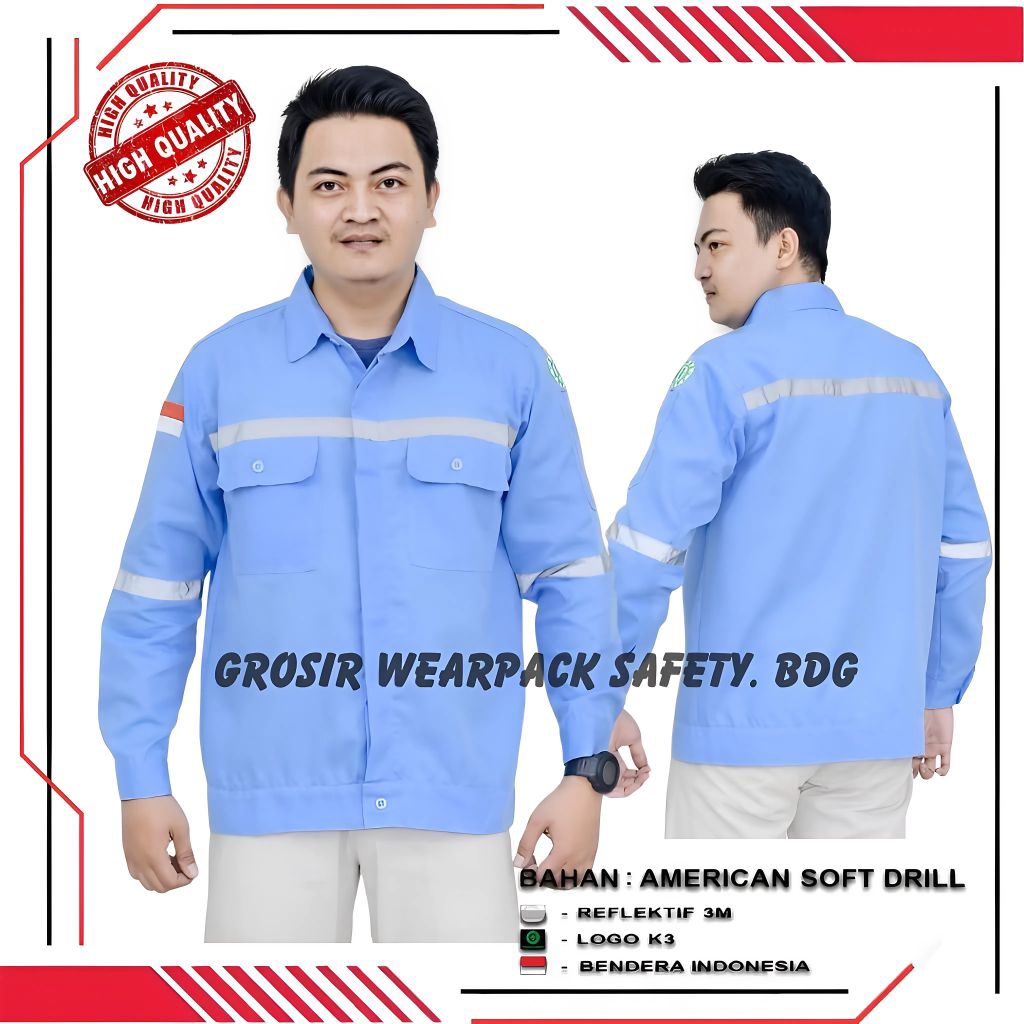 Kemeja Wearpack Safety Warna Biru Muda Seragam Kerja Baju Atasan Lengan Panjang Lis Strip Abu | Sera