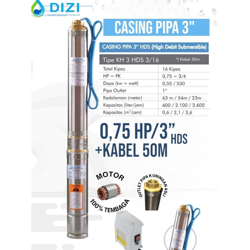 Kaito Hiro 3" 0,75 hp HDS + kabel 50m Pompa Satelit Submersible
