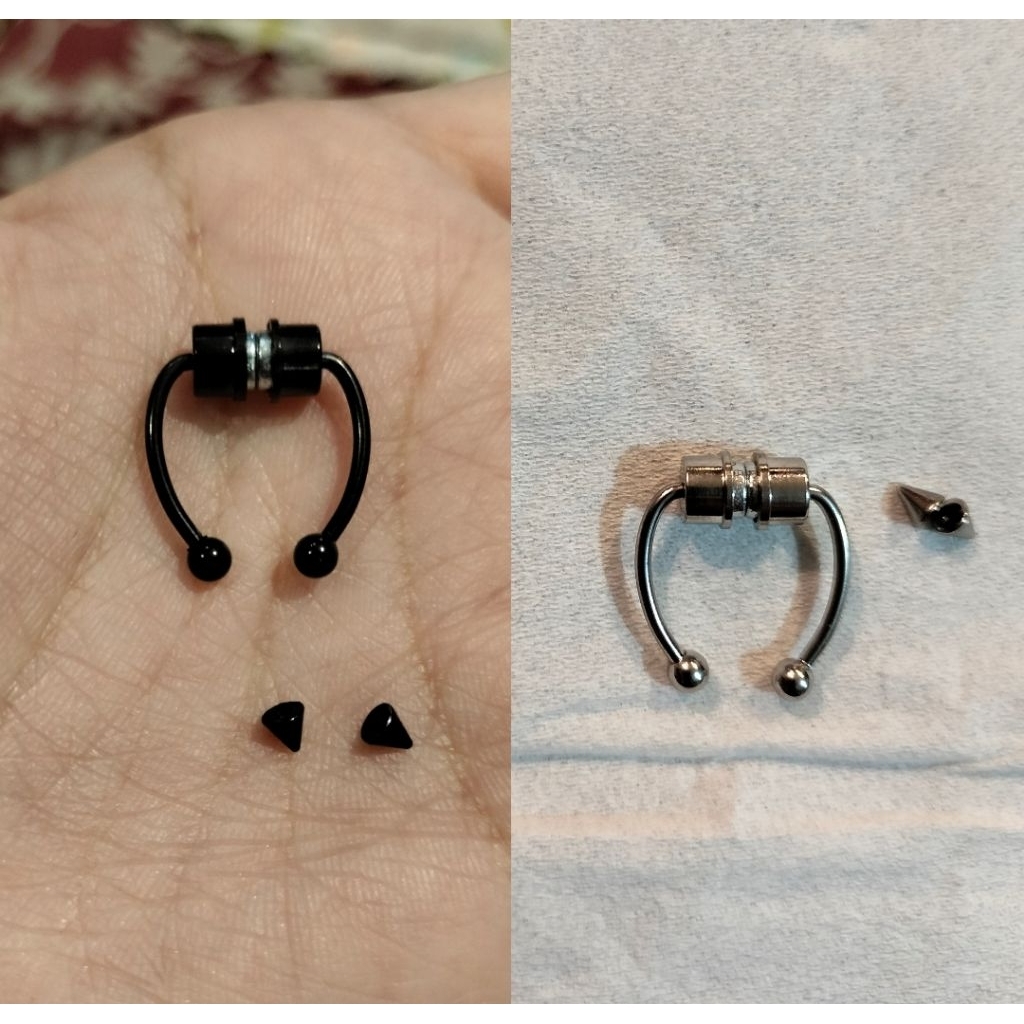 1Biji Septum Hidung Magnet Tempel Stainless Silver dan Hitam Cowok Cewek Piercing Tindik Hidung Magn