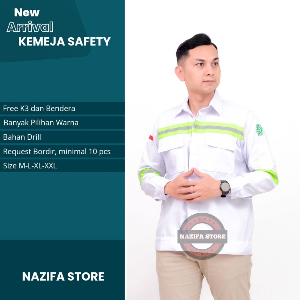 baju safety lengan panjang warna putih kemeja kerja lapangan proyek