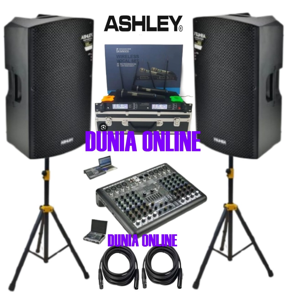 Paket Sound System Ashley AR500 15 Inch 500 Watt Komplit Mixer Ashley SMR8 8 channel Dan Mic Wireles