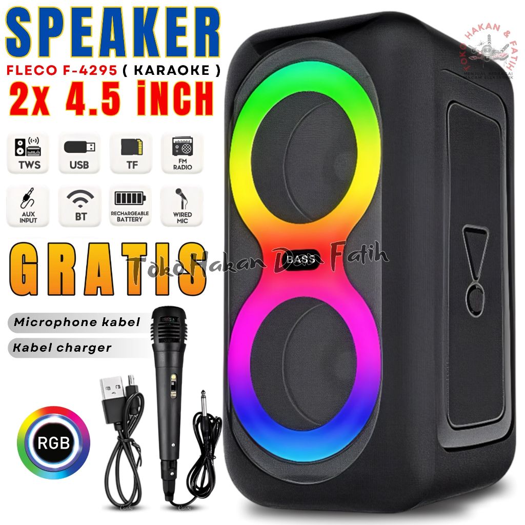 Termurah Speaker bluetooth FLECO F-4295 , Wireless speaker ( Graris Mic kabel & Kabel charger ) Suar