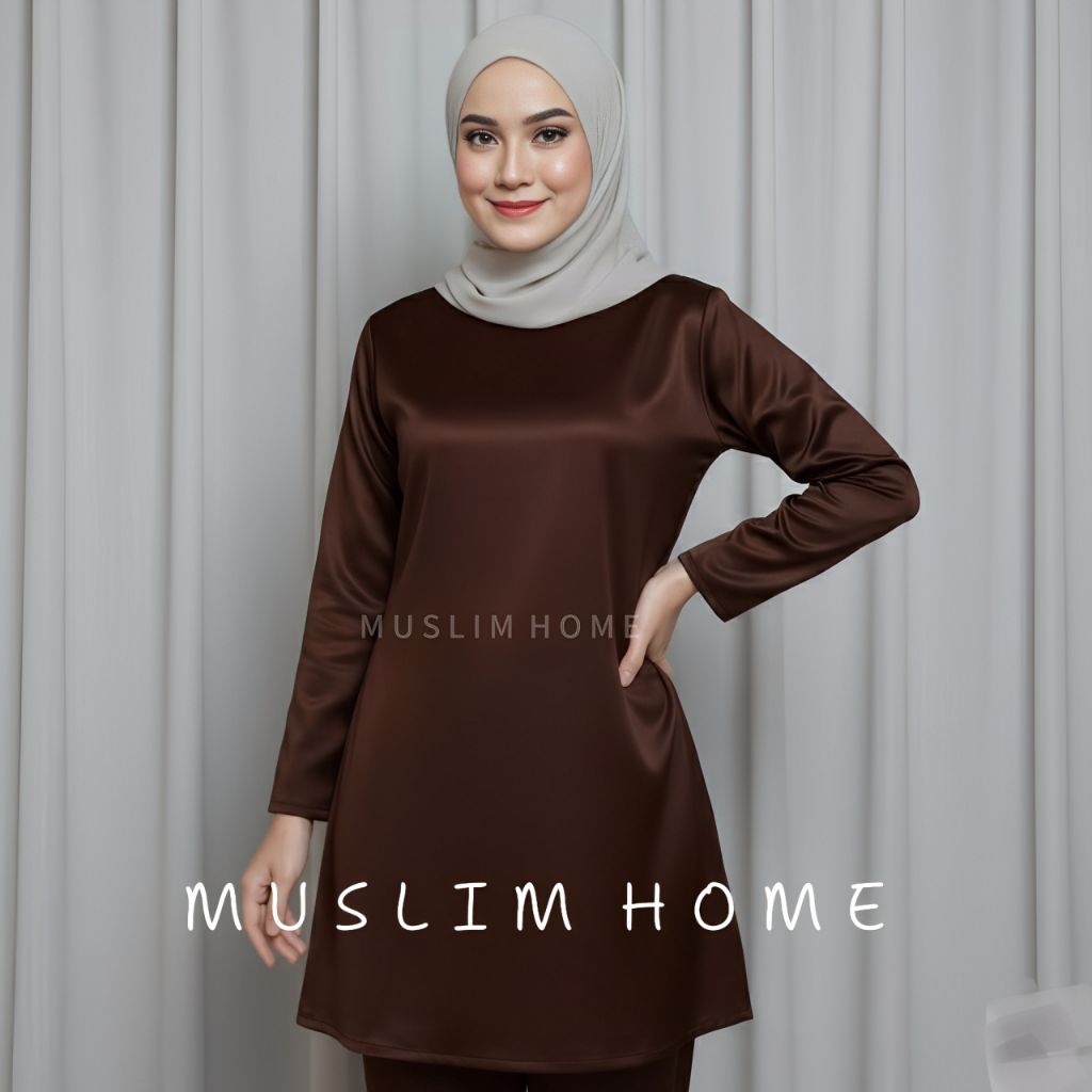 Atasan Saja Baju Kurung Melayu Wanita Pakaian Adat Malaysia Riau Tunik Polos Bahan Satin Velvet Prem