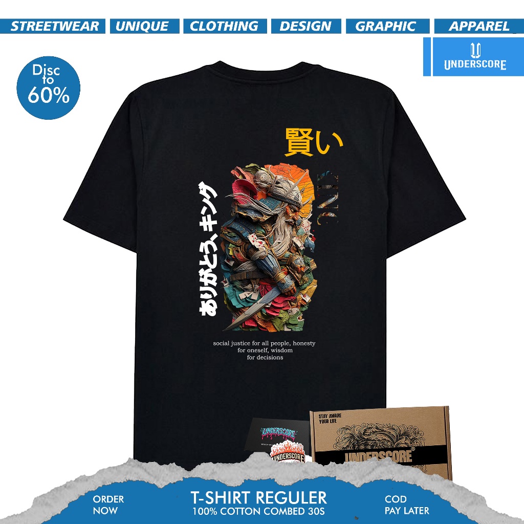 UNDERSCORE [Free Box] T-Shirt Pria Wanita The King Samurai T-shirt Reguler Hitam