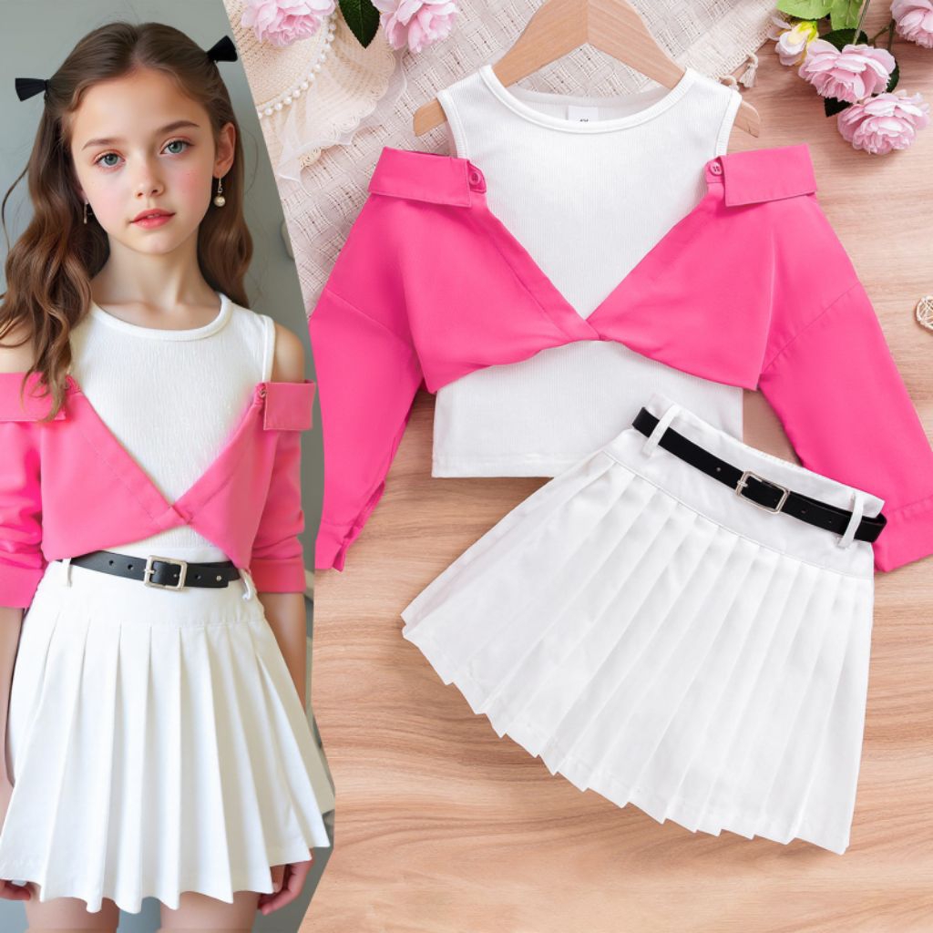 Setelan Anak Perempuan Kekinian Blouse Pink Off Shoulder, Rok Plisket Putih dengan sabuk