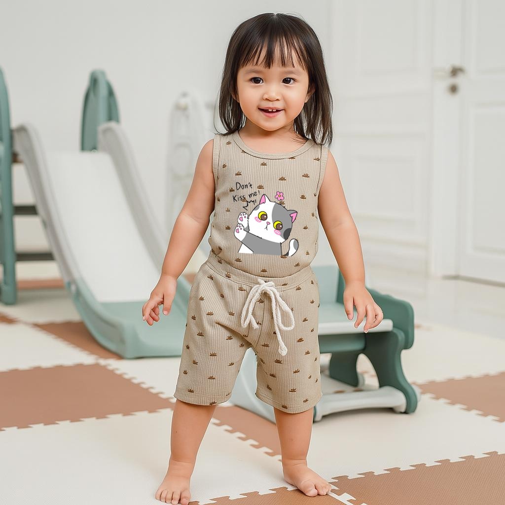 HANNA - SINGLET ANAK MILANO MOTIF KISS CAT / SETELAN SINGLET ANAK MILANO MOTIF TERBARU DTF