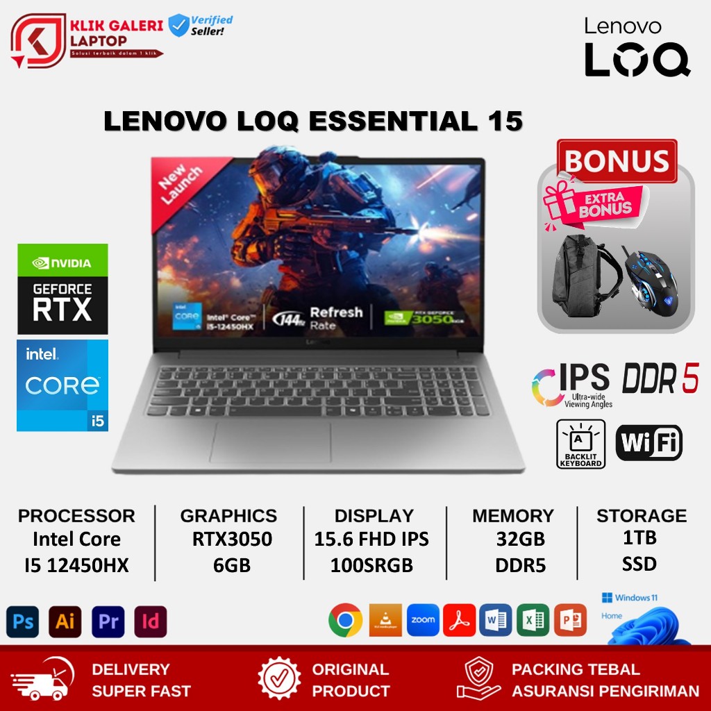 Laptop Lenovo LOQ Essential 15 Intel i5 12450HX 12GB DDR5 1TB SSD RTX3050 FHD IPS 144Hz 100SRGB OHS
