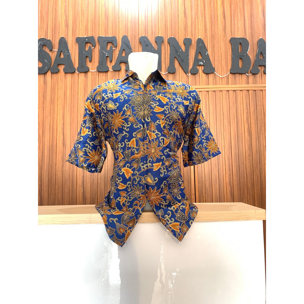 Batik Pria Lengan Pendek Semi Silk Sutra Biru