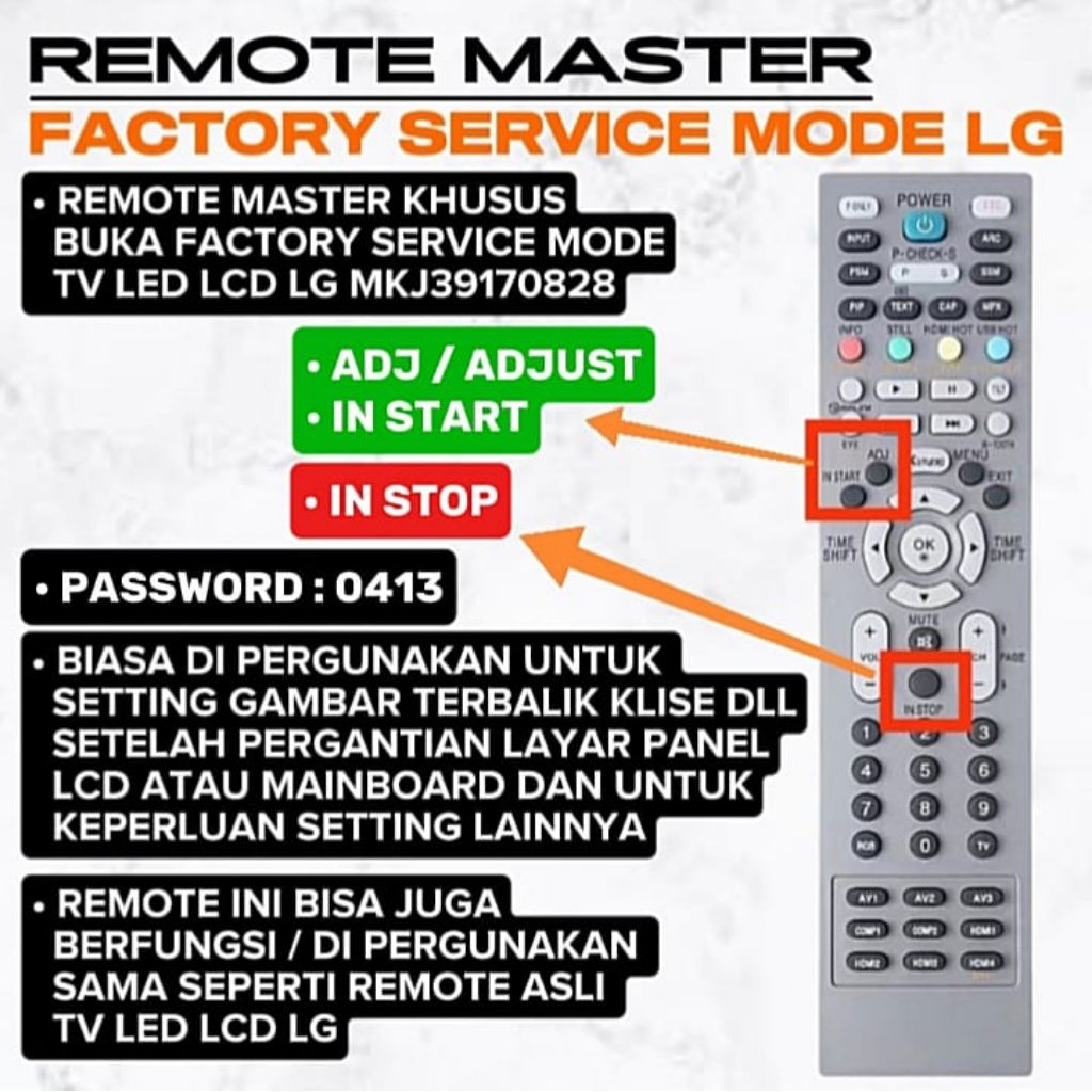 REMOT REMOTE MASTER SERVICE MODE LG FACTORY SERMODE LG REMOTE MASTER SERVICE TV LG MKJ39170828
