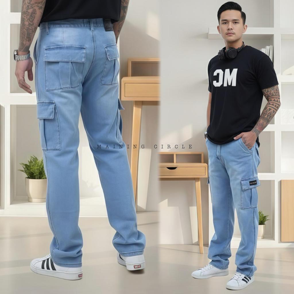 Celana Cargo Jeans Pria Meaning Circle Denim Bajatex Reguler Fit Tahan Lama Bio Bleach