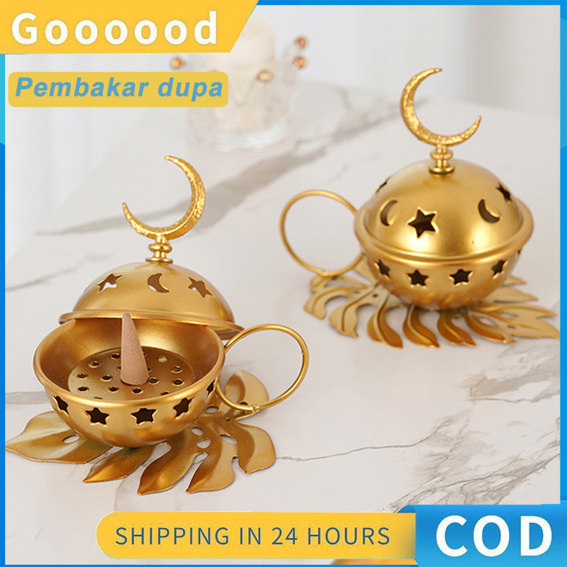 Pembakar Dupa Estetika/Pembakar Dupa Mini Bulat Logam Emas Arab/Pembakar dupa
