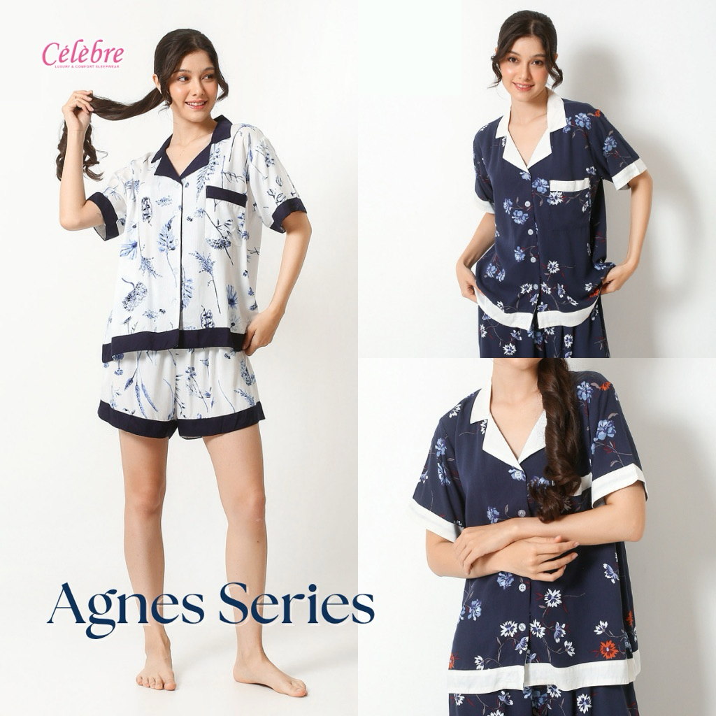 Celebre - Agnes Series | Piyama / Baju Tidur Dewasa Rayon Twill Premium Kerah Kombinasi Bunga
