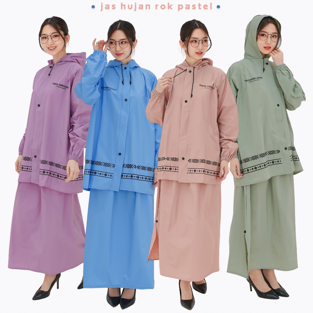 Jas Hujan Rok,Mantel Hujan Wanita Setelan Baju dan Rok Warna Pastel