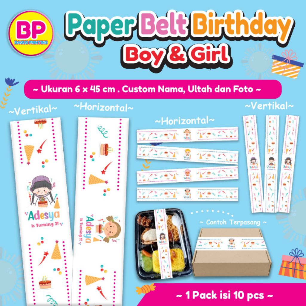 Isi 10 pcs Paper Belt Ulang Tahun Paper Sleeve Custom Nama Paper Belt ultah Birthday Anak Custom Fot