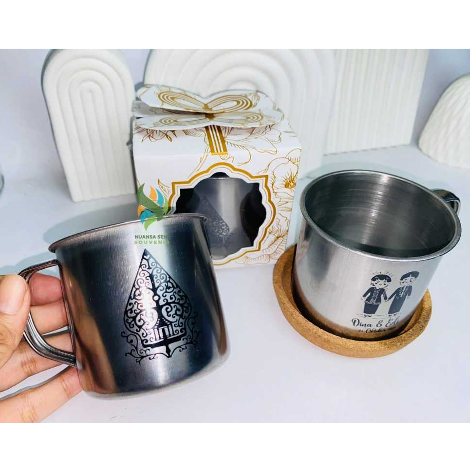Souvenir Gelas Minum Enamel Stainless Cangkir Kopi Jadul Estetik Tumbler Mug Sablon