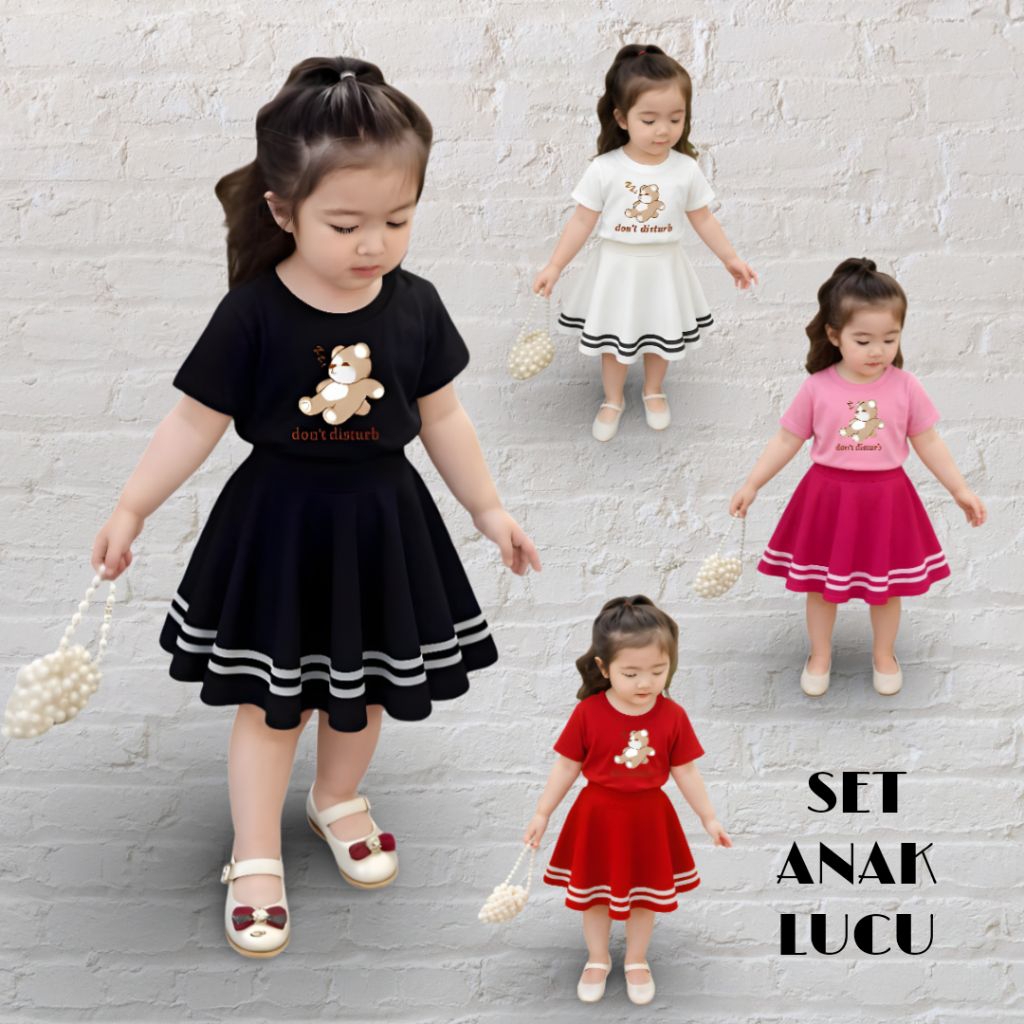 Setelan kaos anak baju anak perempuan rok list Korean style motif Sablon