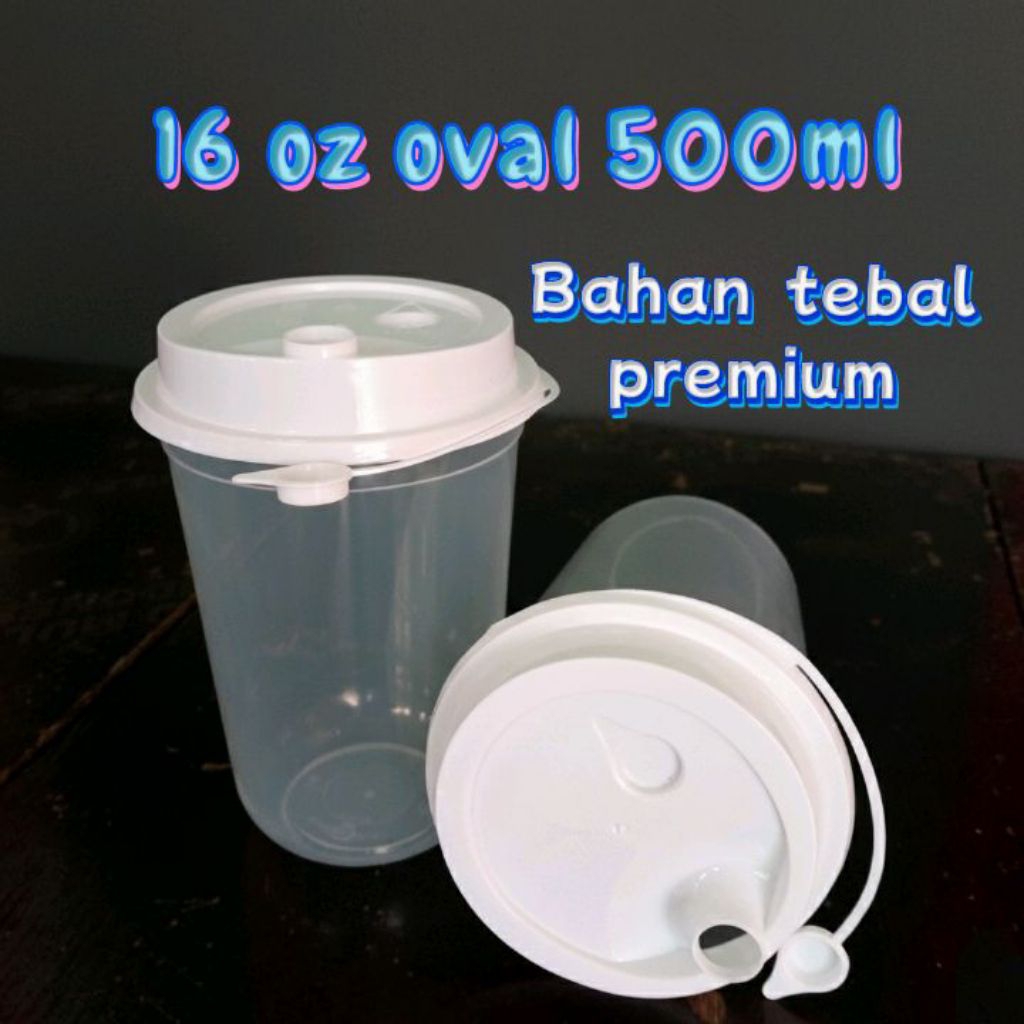 CUP gelas PP Injection 16 oz Oval 500ml + Tutup tali (connected Lid) ISI 25PCS