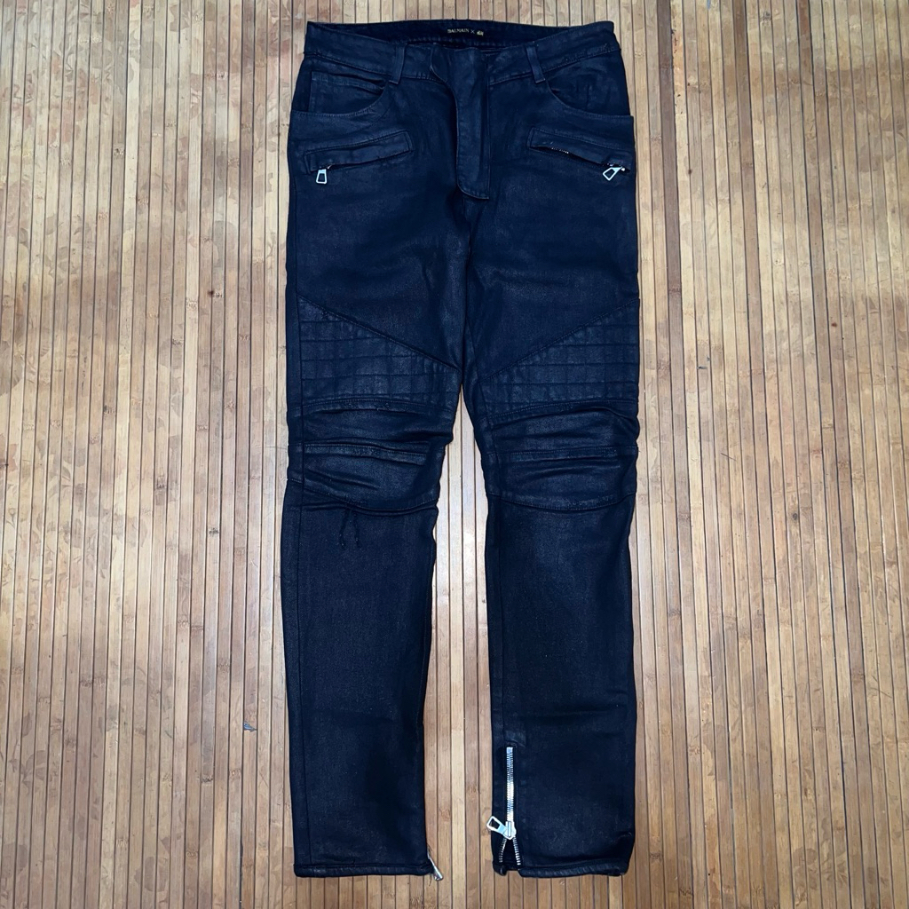 BALMAIN X H&M DISTRESSED BIKERS BLACK COATED MOTORCYCLE JEANS