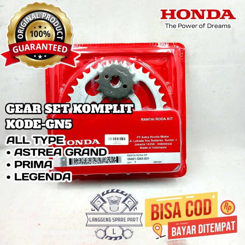 GN5 GEAR SET,ORIGINAL HONDA,GEAR SET ASTREA GRAND,GEAR SET HONDA PRIMA,GEAR SET HONDA LEGENDA,GEAR S