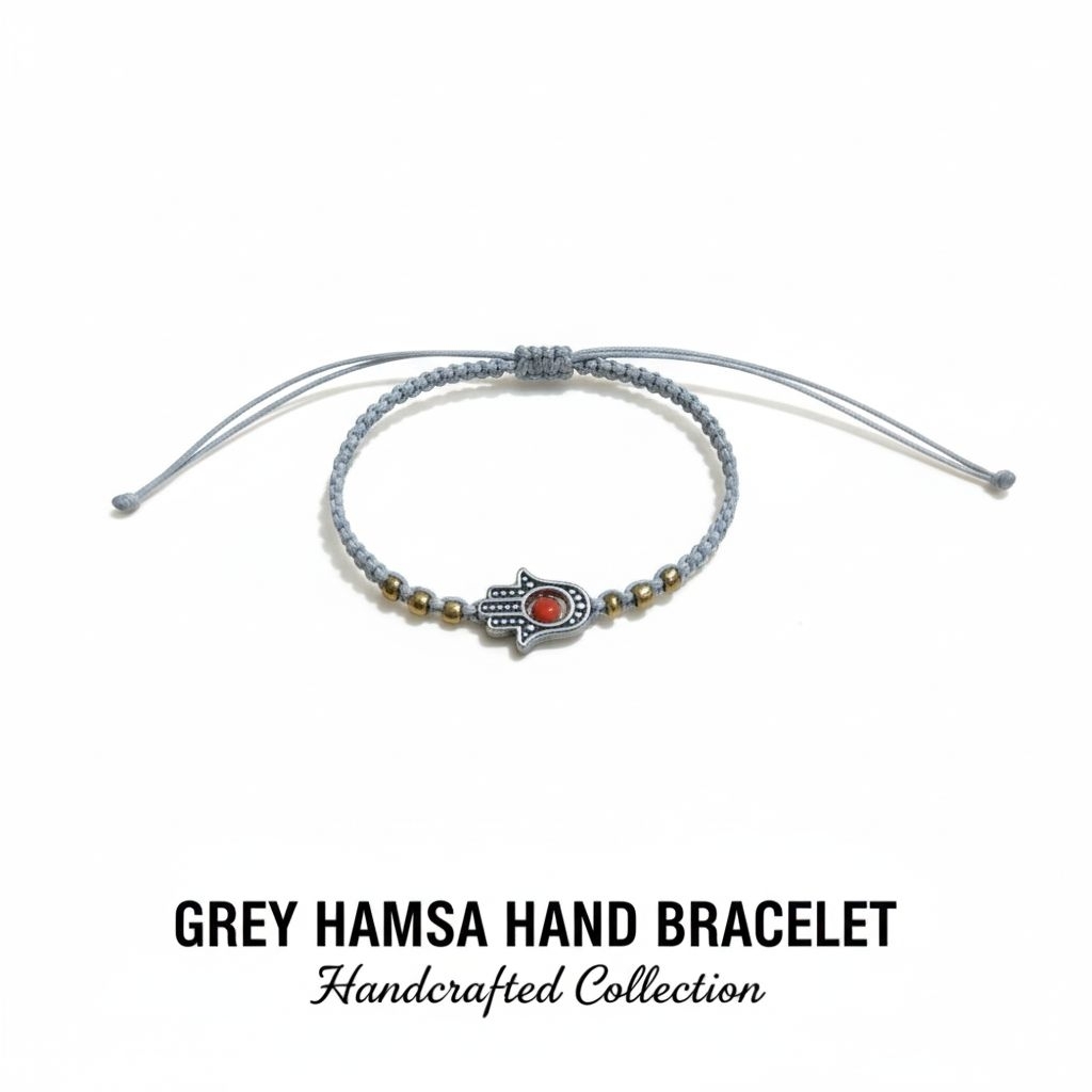 Gelang Hamsa Hand Tangan Fatima | Gelang Tali Kepang Etnik Abu-abu | Gelang Keberuntungan Pria Wanit