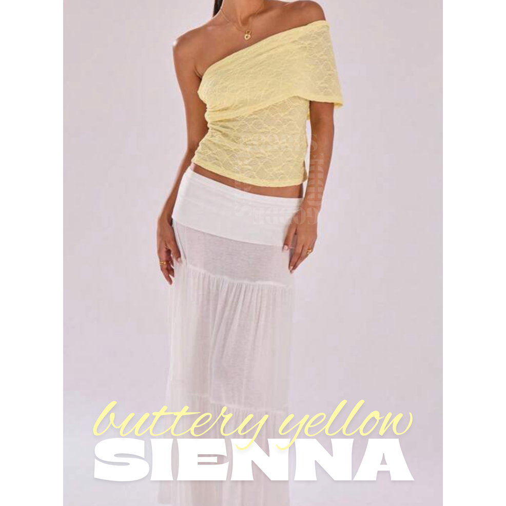 SIENNA - butter yellow | SHEIN | Textured Mesh One Shoulder Top | atasan asymmetrical brukat one sho
