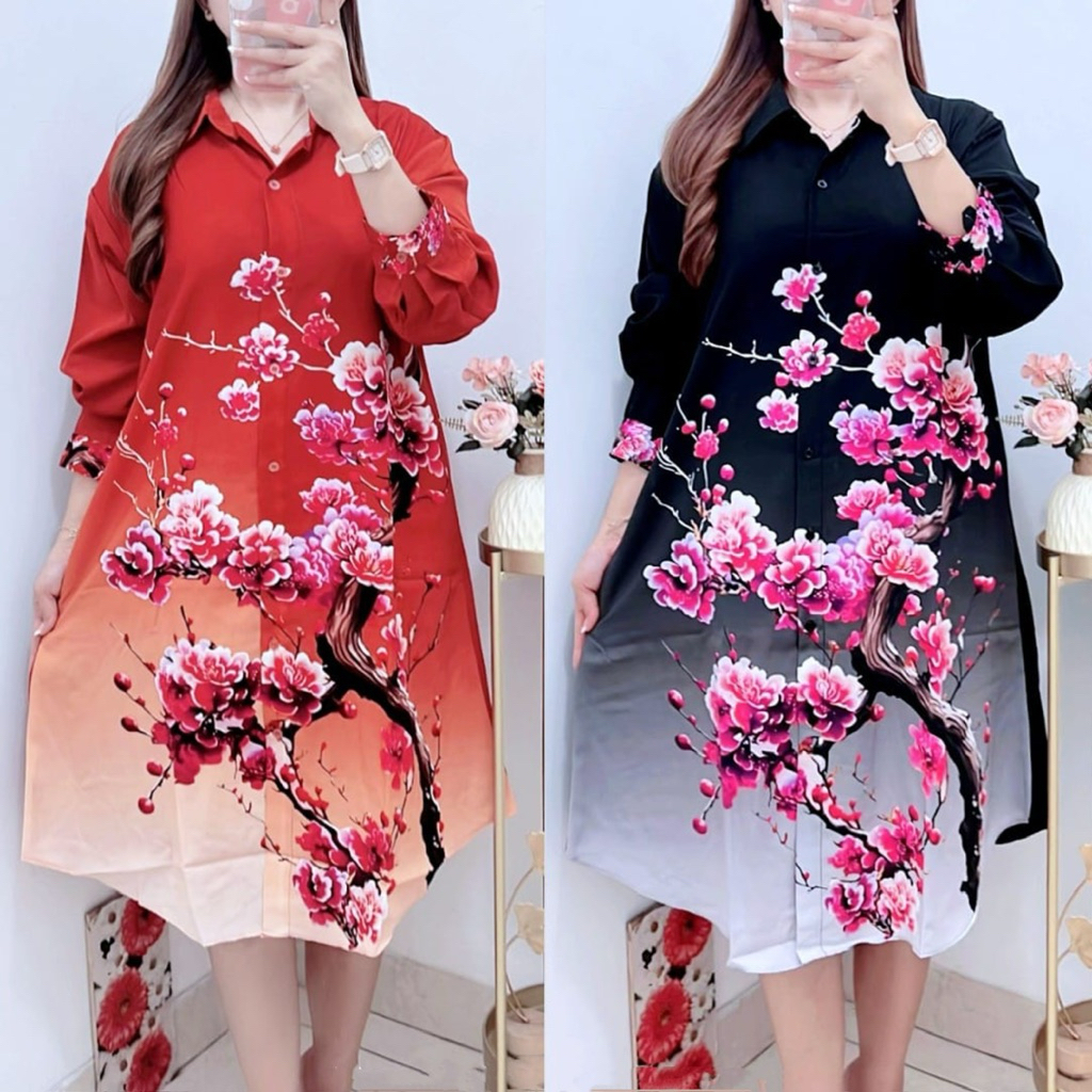 5650 KEMEJA TUNIK SILK MOTIF BUNGA JUMBO LD120 WANITA|TUNIK KEMEJA|TUNIK SILK|TUNIK LD120