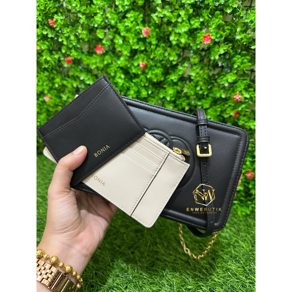 bonia sling bag rantai hitam polos free 2 card holder