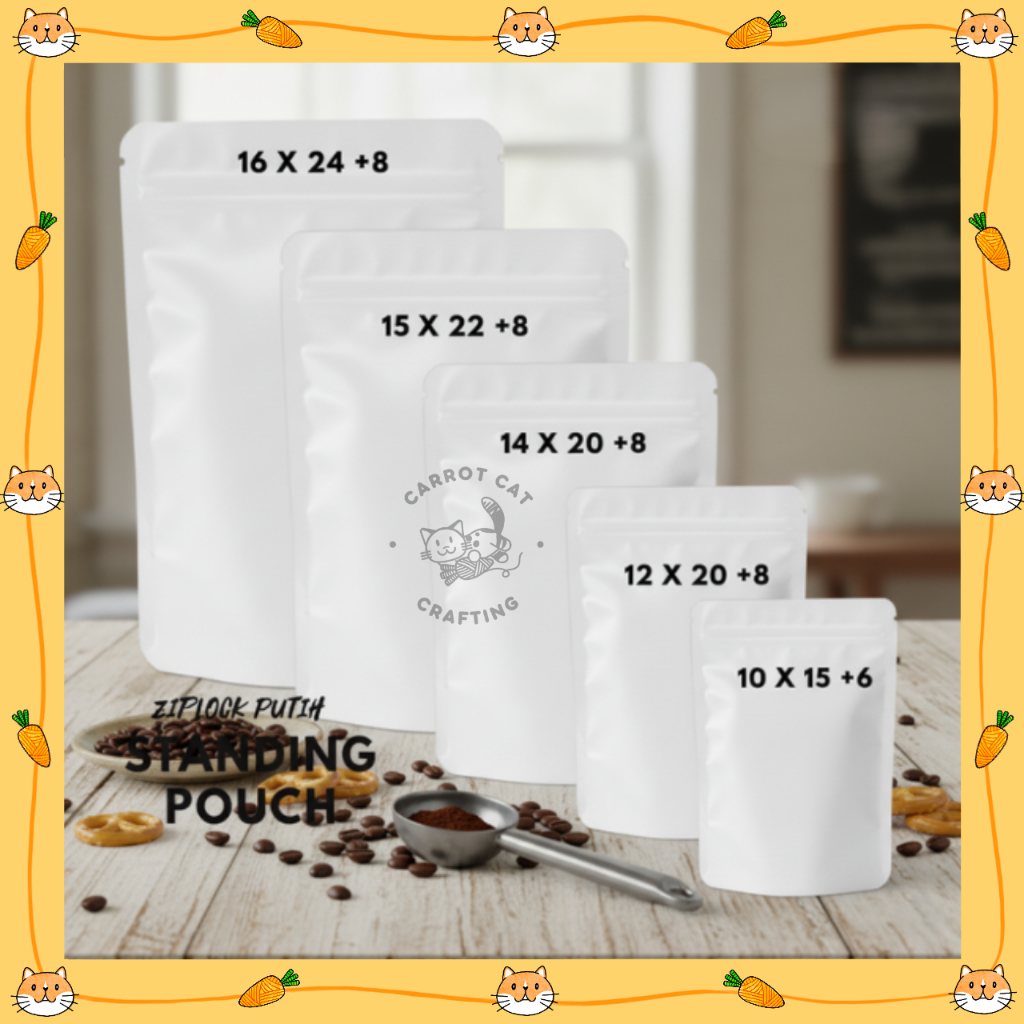 Standing Pouch Kraft Putih / 5 Ukuran / Zipper Klip Kemasan / 1pcs