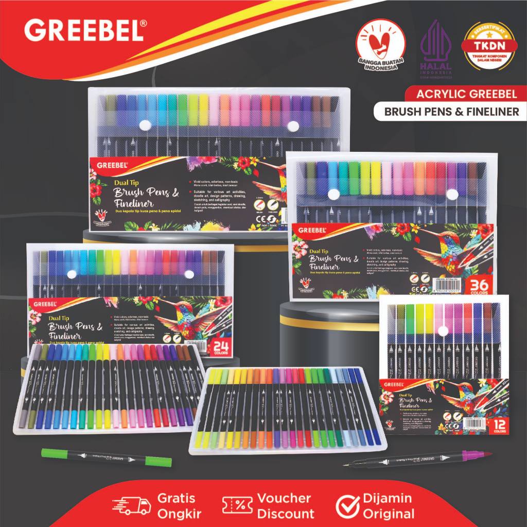 GREEBEL Dual Tip Brush Pen Color 12 24 36 48 Warna / Spidol Kuas Set Marker Drawing Pen