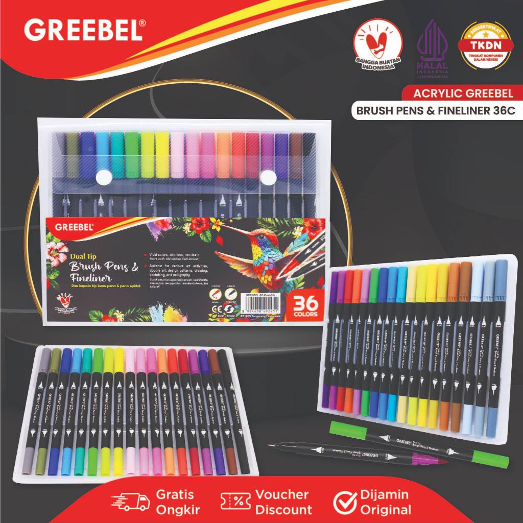 GREEBEL Dual Tip Brush Pen Color / 36 Warna / Pena Kuas Warna / Spidol Set Marker Drawing Pen