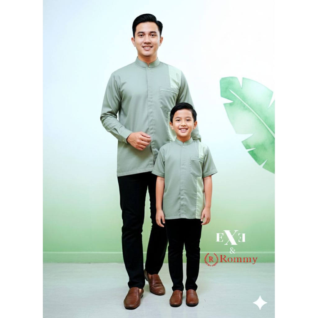 Baju Koko Muslim Dewasa/Couple Rommy - Hijau Sage Kombinasi Katun Toyobo