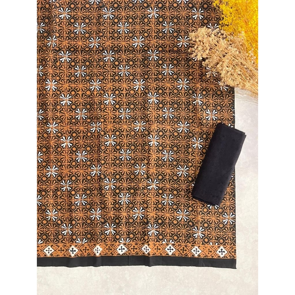 KAIN BATIK CIREBON SOGAN REMEKAN KLASIK HITAM COKLAT BATIK FARIZA KATUN CAP SETELAN VISCOSE POLOS