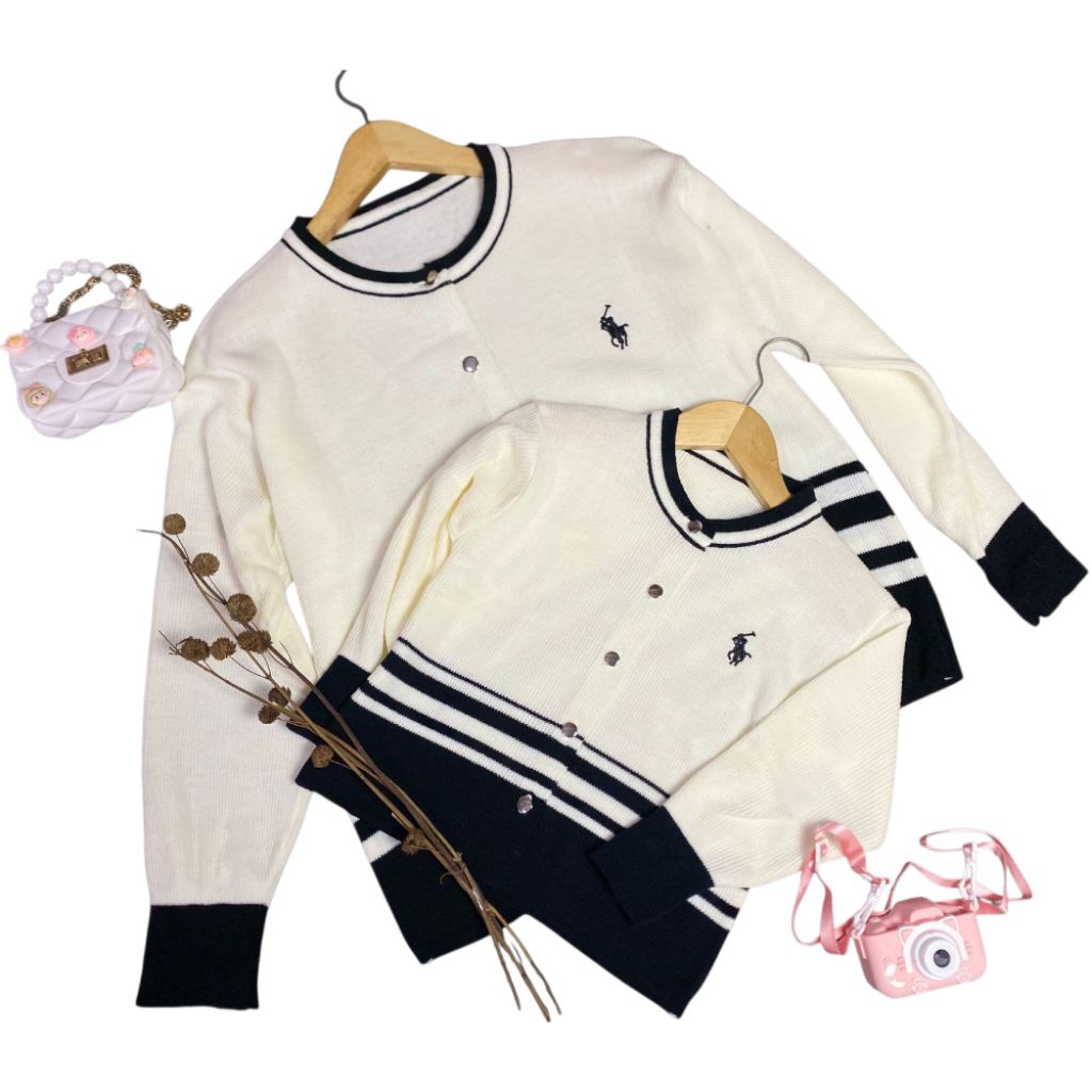 Cardigan Polo Salur Couple Ibu Dan Anak Perempuan Sweater Atasan Wanita Keluarga