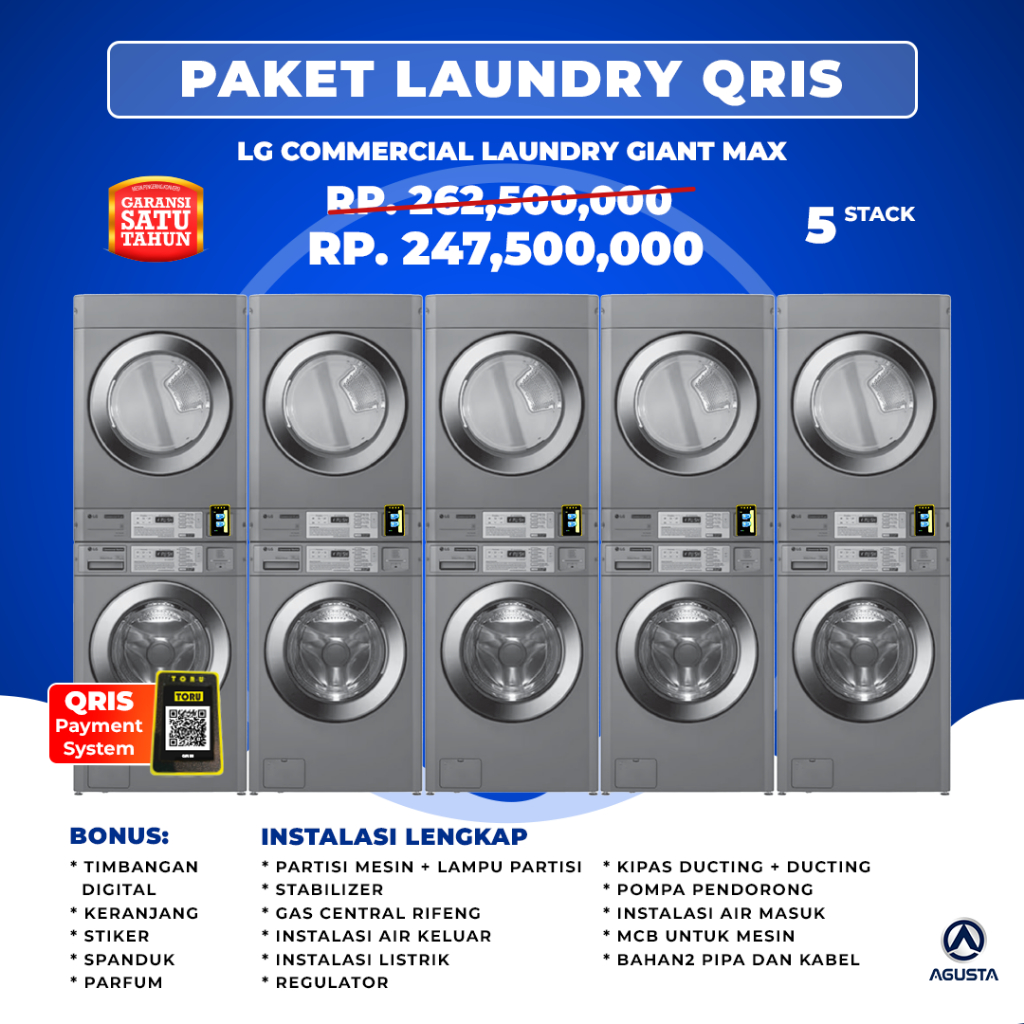 Paket Mesin Laundry Qris 5 Stack LG COMMERCIAL GIANT MAX